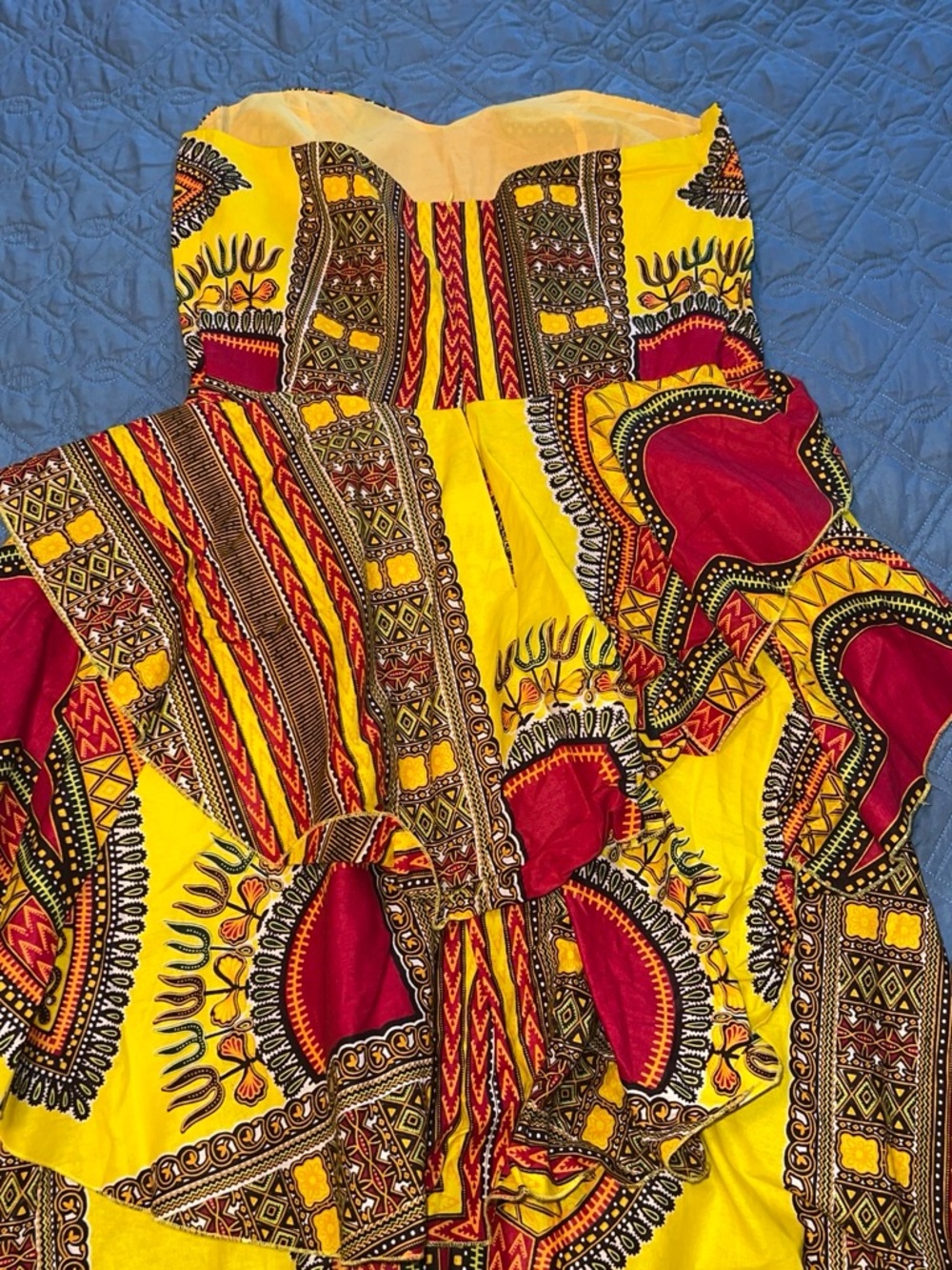 Vibrant Yellow & Red Strapless African Print Dress - Picture 3 of 4